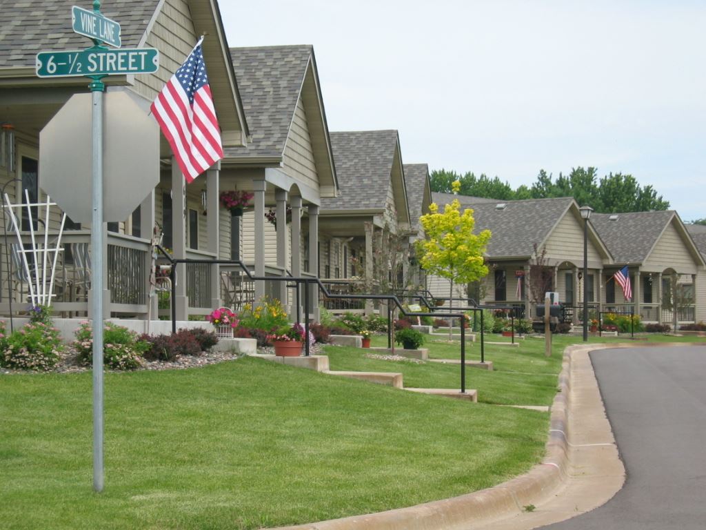 A row of Monticello houses with an American flag